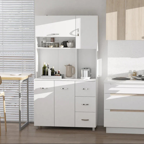 Armário de Cozinha Armário Alto com 3 Gavetas 4 Portas Prateleiras Interiores Ajustáveis e Pés Elevados Móvel Auxiliar para Sala de Jantar Sala de Estar 100x39,5x183,5cm Branco