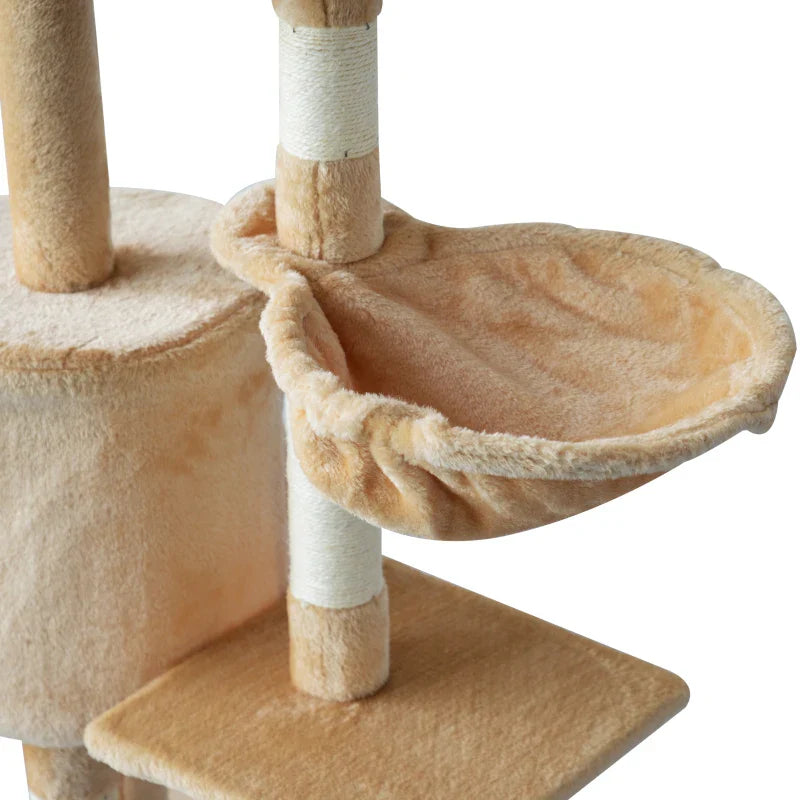 PawHut Arranhador para Gatos de 134,2 cm Torre para Gatos com Caverna Plataformas Rato de Brinquedo Rede e Postes de Sisal 50x35x134,2 cm Bege