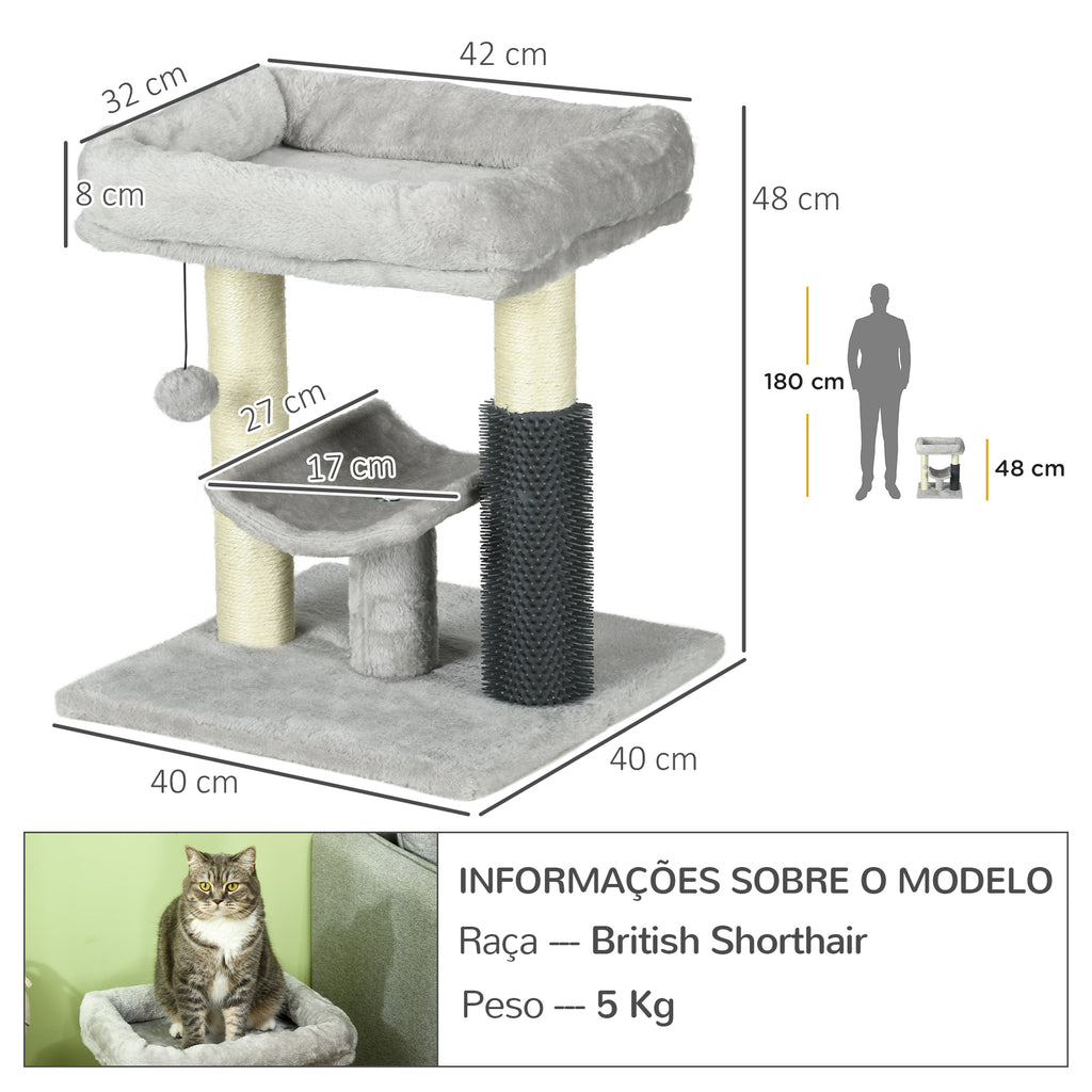 PawHut Arranhador para Gatos Arranhador Pequeno para Gatos Altura 48 cm com 2 Postes de Arranhar Cama Plataforma em U e Escova Bola Suspensa 40x40x48 cm Cinza