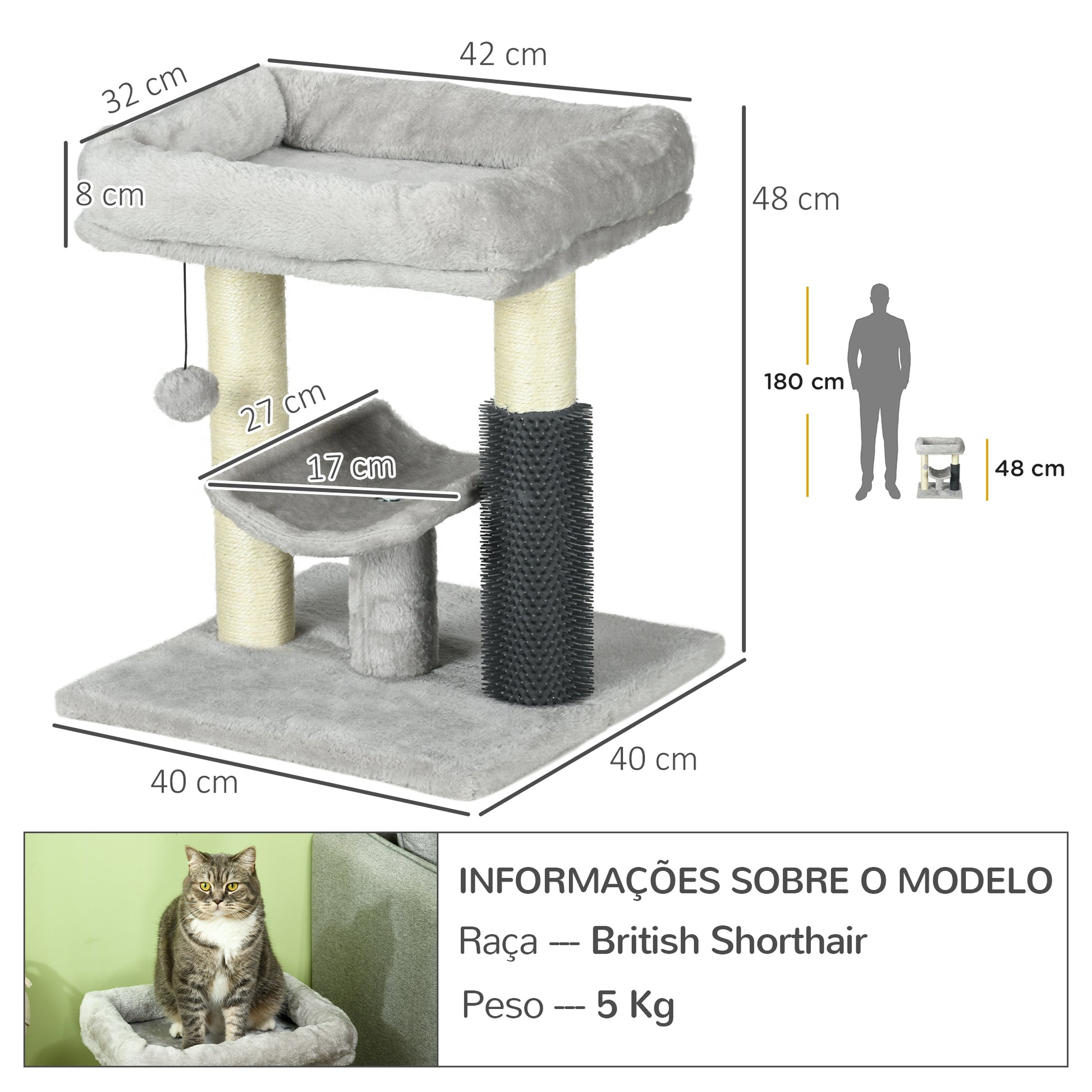 PawHut Arranhador para Gatos Arranhador Pequeno para Gatos Altura 48 cm com 2 Postes de Arranhar Cama Plataforma em U e Escova Bola Suspensa 40x40x48 cm Cinza