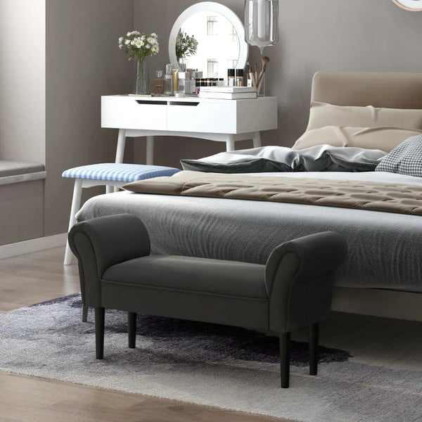 Banco de Pé de Cama Banco com Braços Curvados Estofado e Pés de Madeira para Dormitório Entrada Sala de Estar Carga Máxima 130kg 102x31x51cm Preto