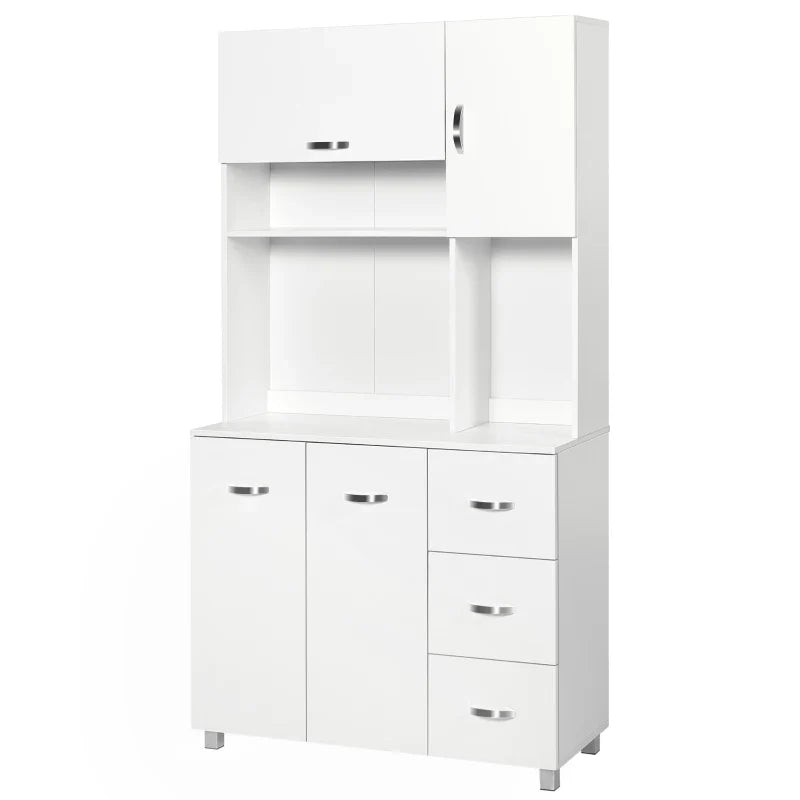 Armário de Cozinha Armário Alto com 3 Gavetas 4 Portas Prateleiras Interiores Ajustáveis e Pés Elevados Móvel Auxiliar para Sala de Jantar Sala de Estar 100x39,5x183,5cm Branco
