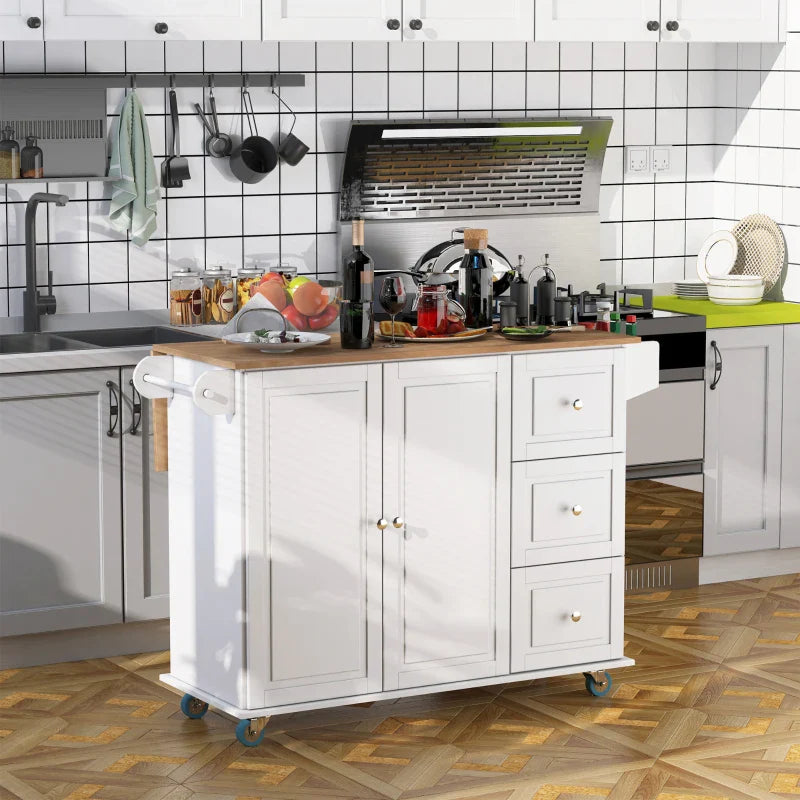 Carrinho de Cozinha com Rodas Carrinho de Cozinha com Bancada Rebatível 3 Gavetas 1 Armário com Prateleira Interior Ajustável e Suporte para Temperos 128,8x75,5x92,5cm Branco e Natural