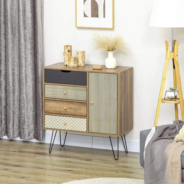 Cómoda com 4 Gavetas Gaveteiro de Madeira com Porta Prateleira Ajustável e Pés de Metal para Sala de Estar Dormitório Cozinha 79x39x86cm Marrom