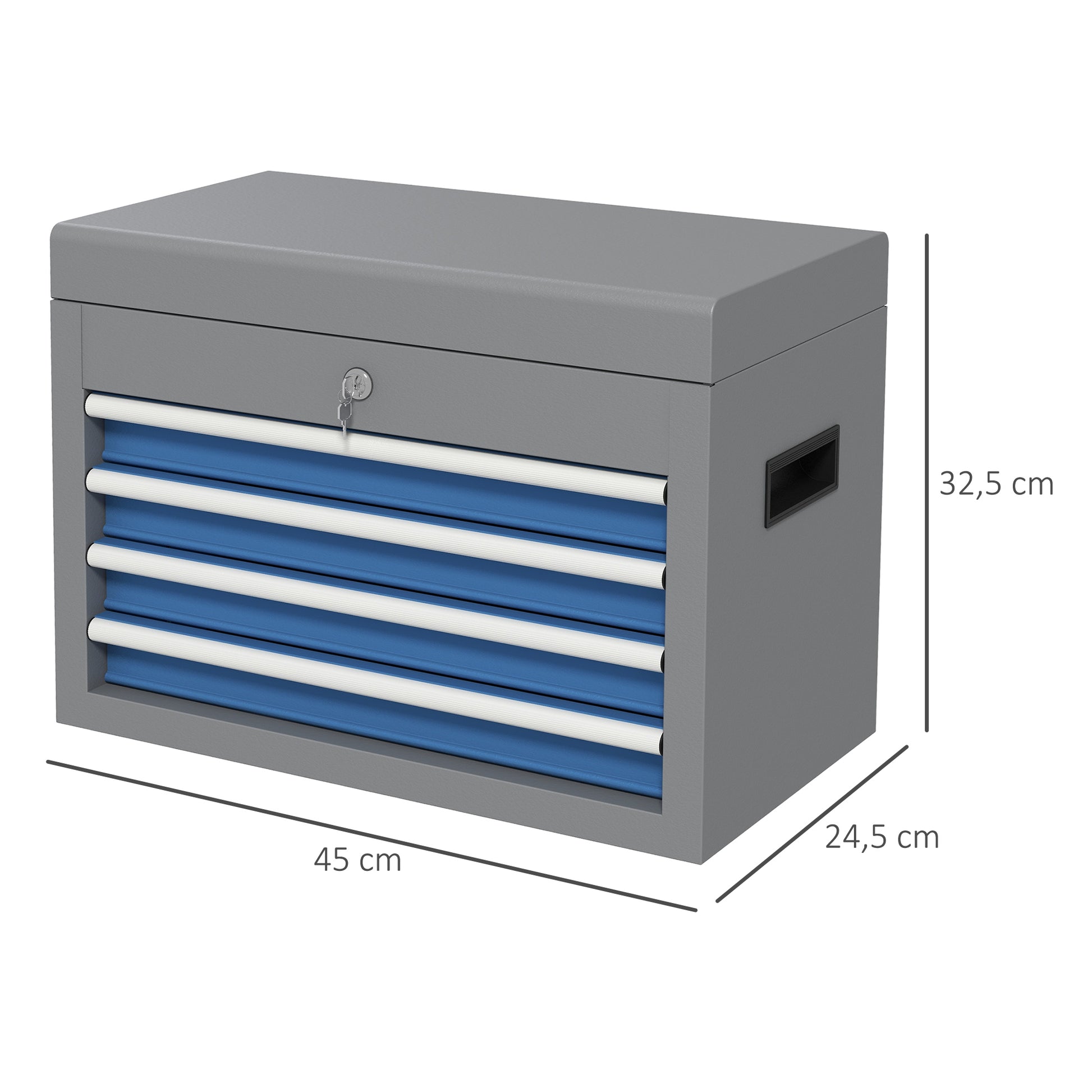 Caixa de Ferramentas Metálica Mala de Ferramentas com 4 Gavetas Bandeja Superior Fecho e Pegas Laterais Carga 20 kg 45x24,5x32,5 cm Cinzento e Azul