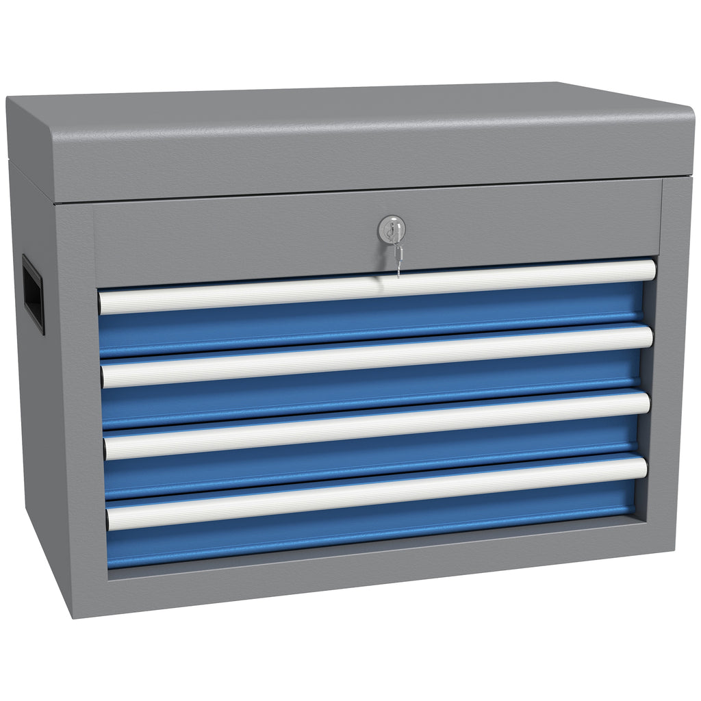 Caixa de Ferramentas Metálica Mala de Ferramentas com 4 Gavetas Bandeja Superior Fecho e Pegas Laterais Carga 20 kg 45x24,5x32,5 cm Cinzento e Azul