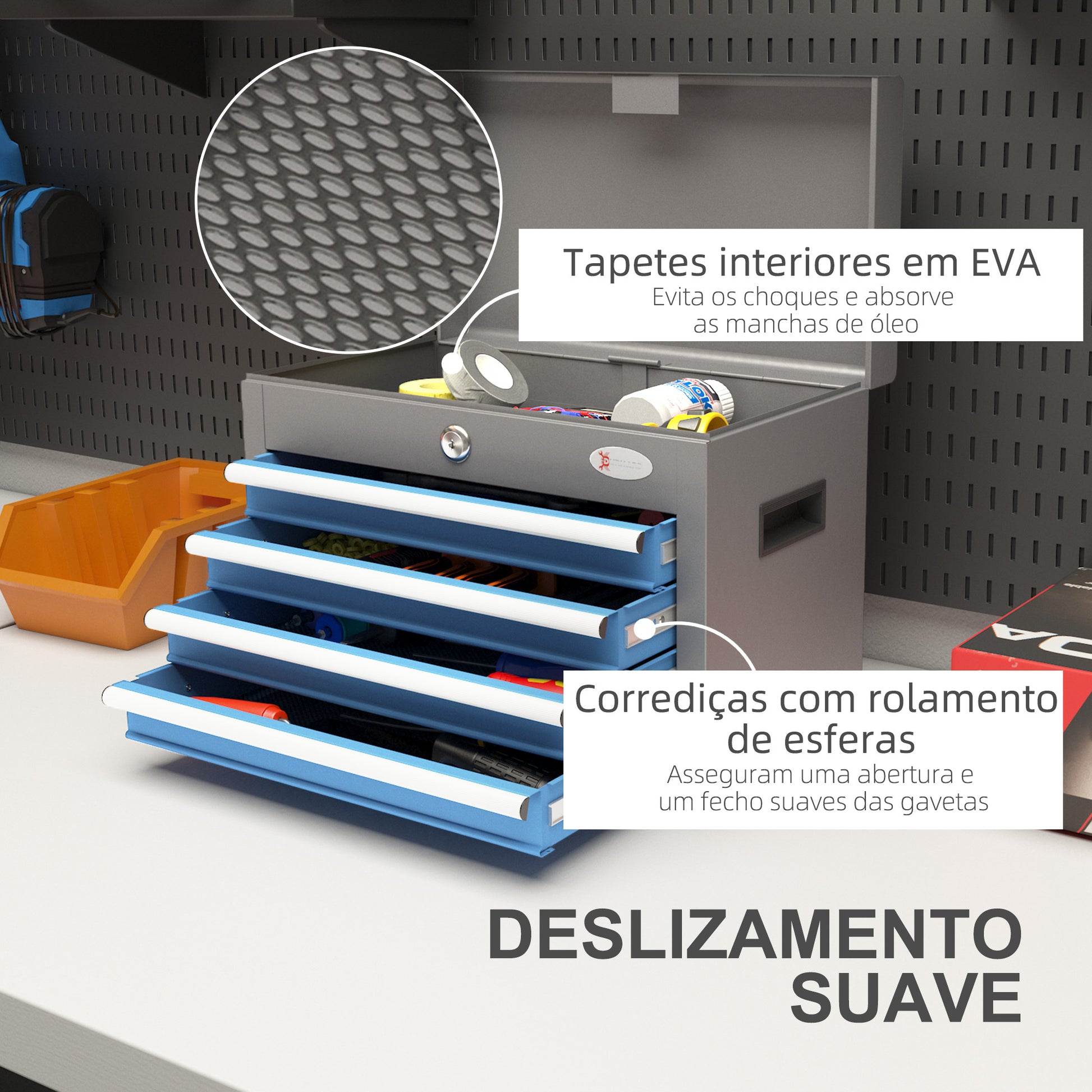 Caixa de Ferramentas Metálica Mala de Ferramentas com 4 Gavetas Bandeja Superior Fecho e Pegas Laterais Carga 20 kg 45x24,5x32,5 cm Cinzento e Azul