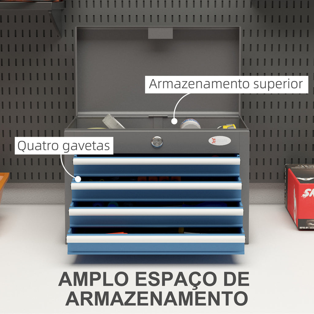 Caixa de Ferramentas Metálica Mala de Ferramentas com 4 Gavetas Bandeja Superior Fecho e Pegas Laterais Carga 20 kg 45x24,5x32,5 cm Cinzento e Azul