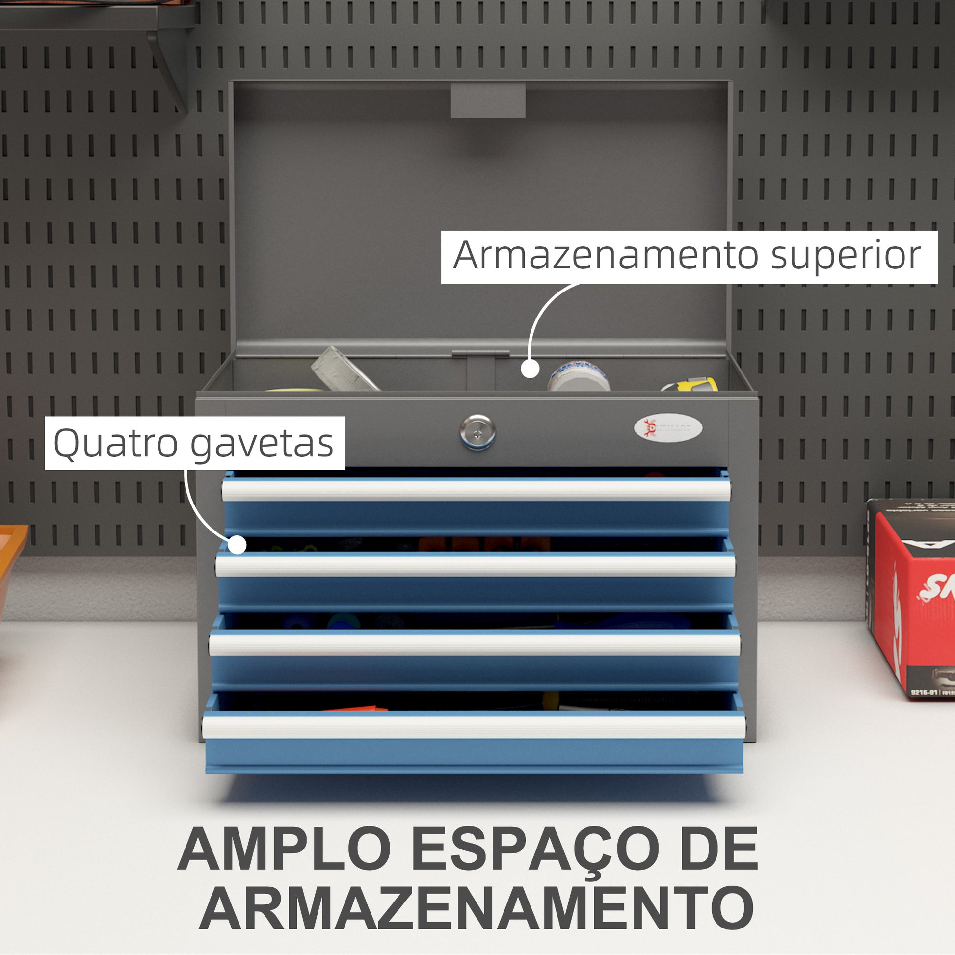 Caixa de Ferramentas Metálica Mala de Ferramentas com 4 Gavetas Bandeja Superior Fecho e Pegas Laterais Carga 20 kg 45x24,5x32,5 cm Cinzento e Azul