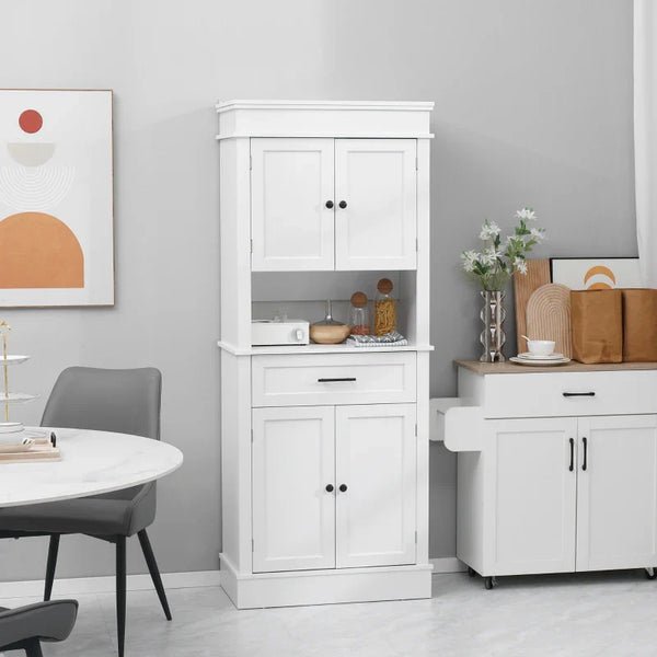 Armário de Cozinha Móvel Auxiliar de Cozinha com 4 Portas 1 Gaveta e Prateleira Aberta para Sala de Estar Sala de Jantar 74x39,5x183cm Branco