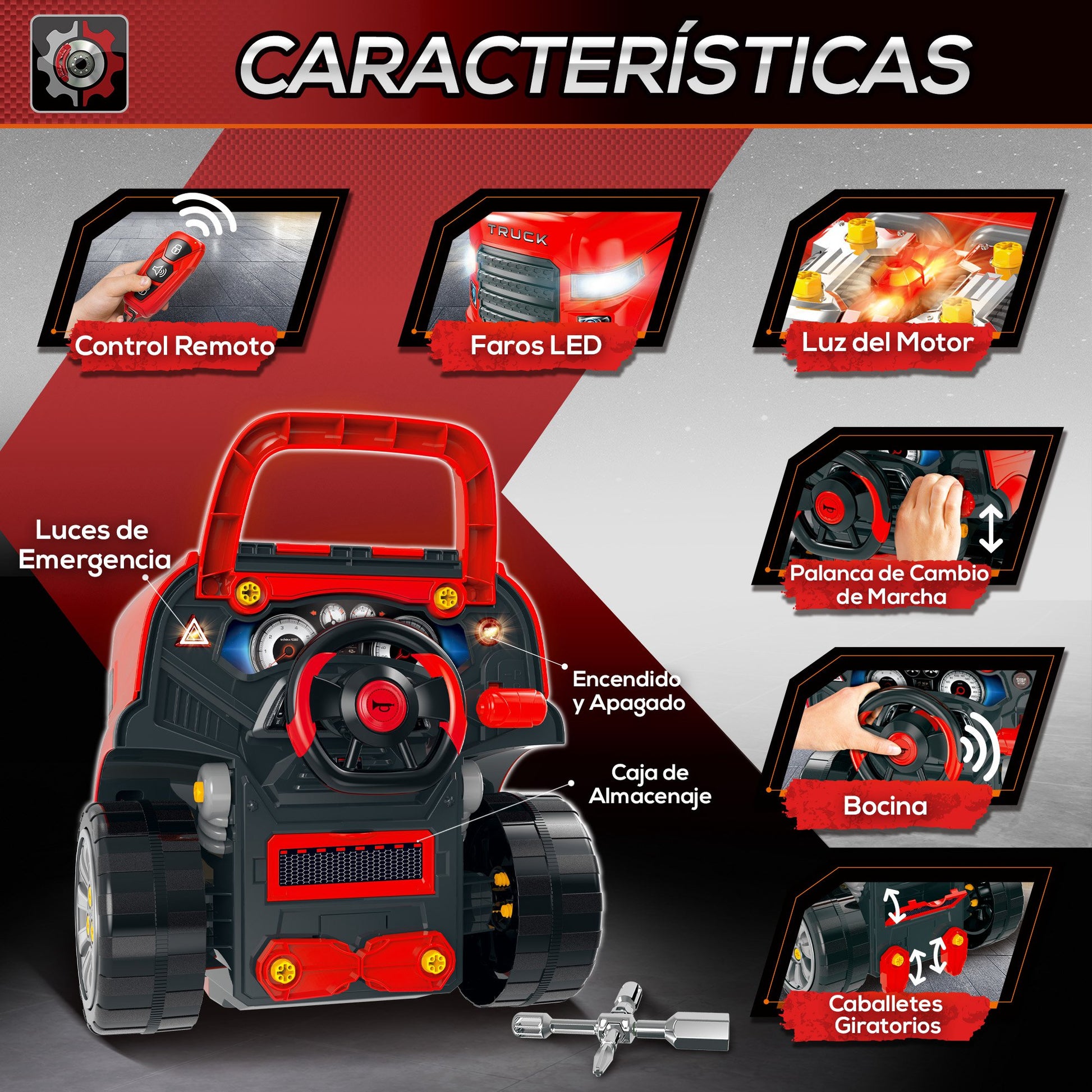 Motor de Caminhão para Crianças acima de 3 Anos Conjunto de Motor de Brinquedo com 61 Peças Volante Buzina Faróis Caixa de Armazenamento e Rodas 40x39x47cm Vermelho