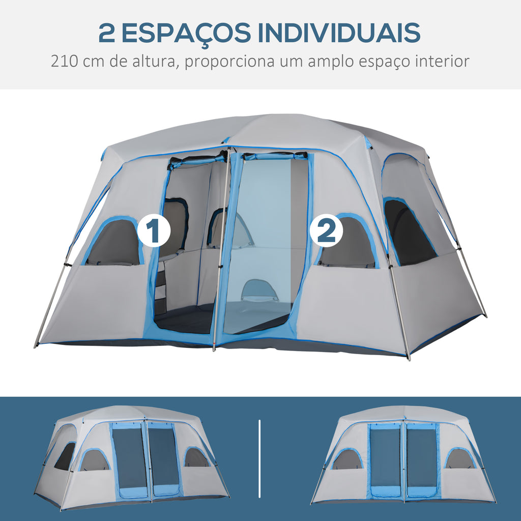 Tenda de Campismo Familiar para 4-5 Pessoas com 2 Quartos Tenda de Campismo Grande com 2 Bolsos e Janelas com Malha Impermeável 400x275x210 cm Cinza