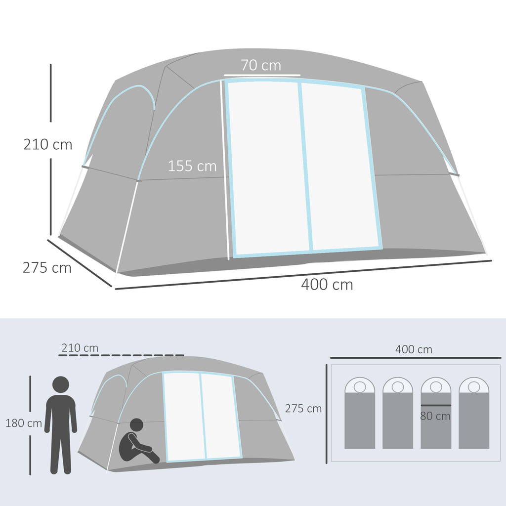Tenda de Campismo Familiar para 4-5 Pessoas com 2 Quartos Tenda de Campismo Grande com 2 Bolsos e Janelas com Malha Impermeável 400x275x210 cm Cinza