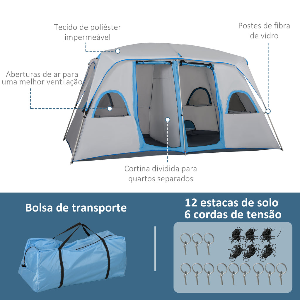 Tenda de Campismo Familiar para 4-5 Pessoas com 2 Quartos Tenda de Campismo Grande com 2 Bolsos e Janelas com Malha Impermeável 400x275x210 cm Cinza