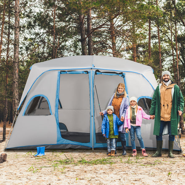 Tenda de Campismo Familiar para 4-5 Pessoas com 2 Quartos Tenda de Campismo Grande com 2 Bolsos e Janelas com Malha Impermeável 400x275x210 cm Cinza