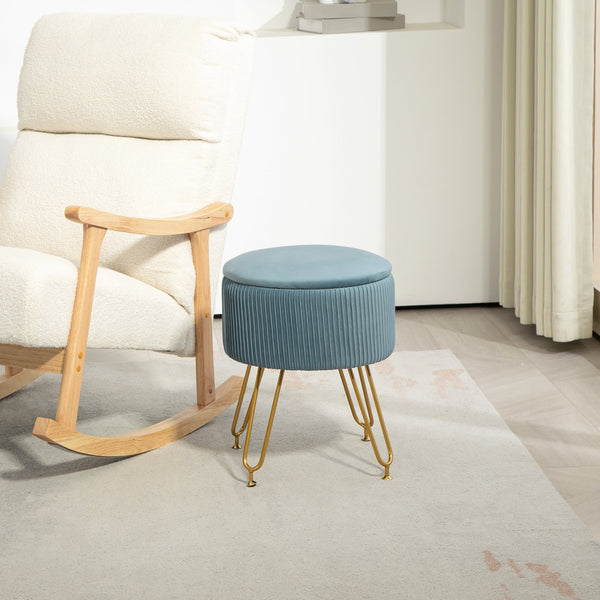 Puff de Armazenamento para Dormitório Puff de Arrumação Estofado em Veludo Banco de Armazenamento com Pés de Aço para Corredor Sala de Estar Ø40x48 cm Azul Claro
