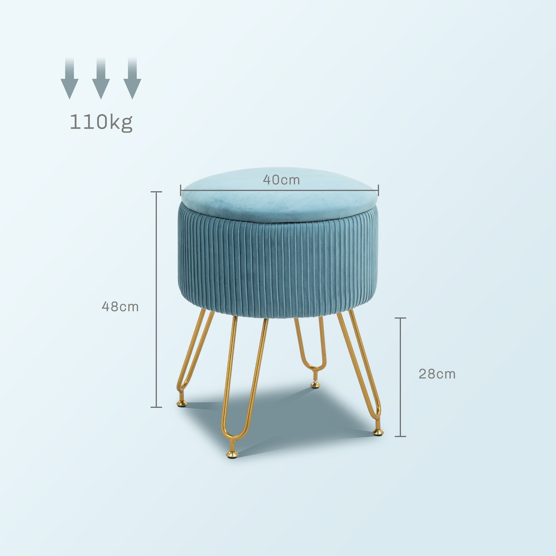 Puff de Armazenamento para Dormitório Puff de Arrumação Estofado em Veludo Banco de Armazenamento com Pés de Aço para Corredor Sala de Estar Ø40x48 cm Azul Claro