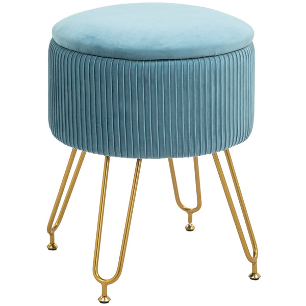 Puff de Armazenamento para Dormitório Puff de Arrumação Estofado em Veludo Banco de Armazenamento com Pés de Aço para Corredor Sala de Estar Ø40x48 cm Azul Claro