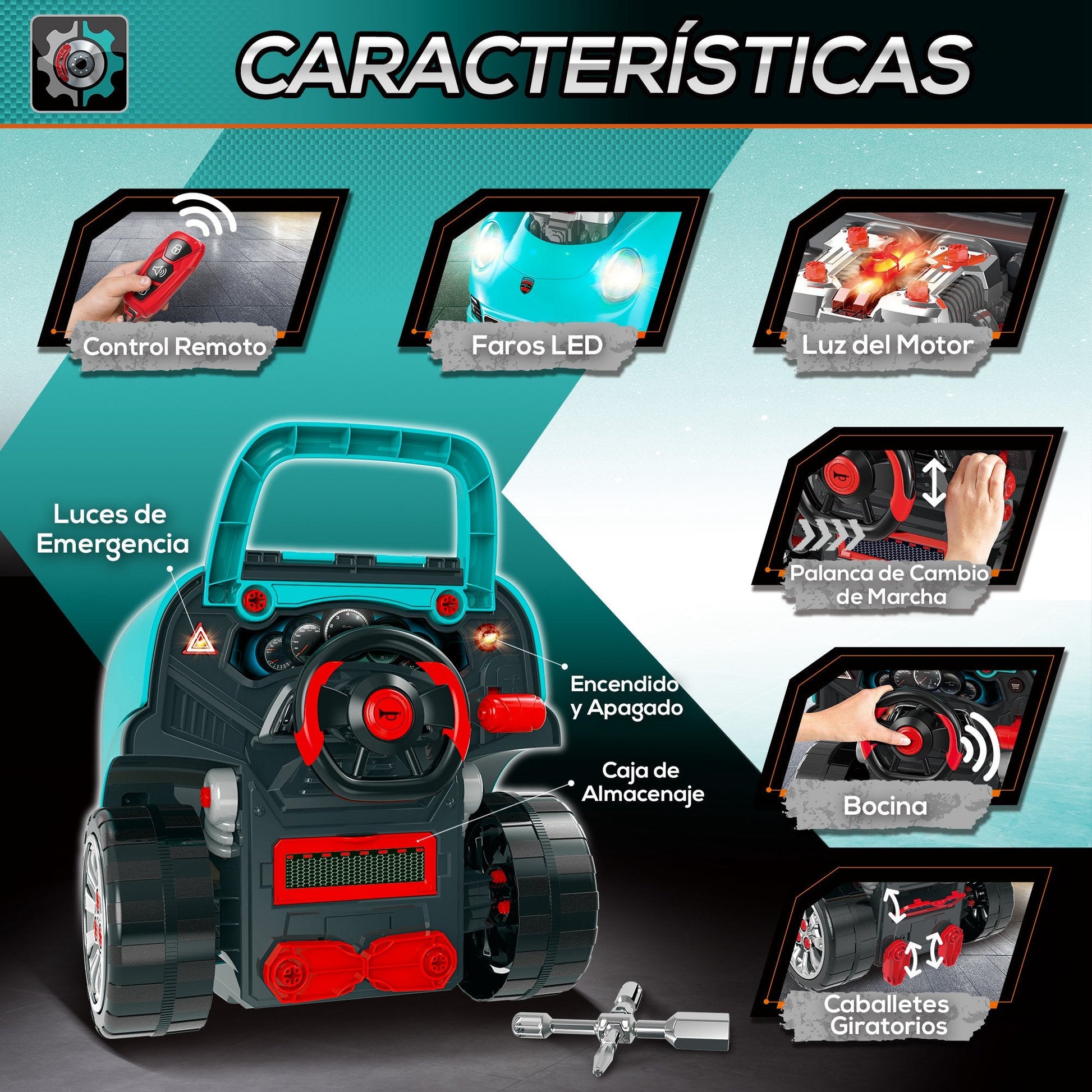 Motor de Caminhão para Crianças acima de 3 Anos Conjunto de Motor de Brinquedo com 61 Peças Volante Buzina Faróis Caixa de Armazenamento e Rodas 40x39x47cm Turquesa