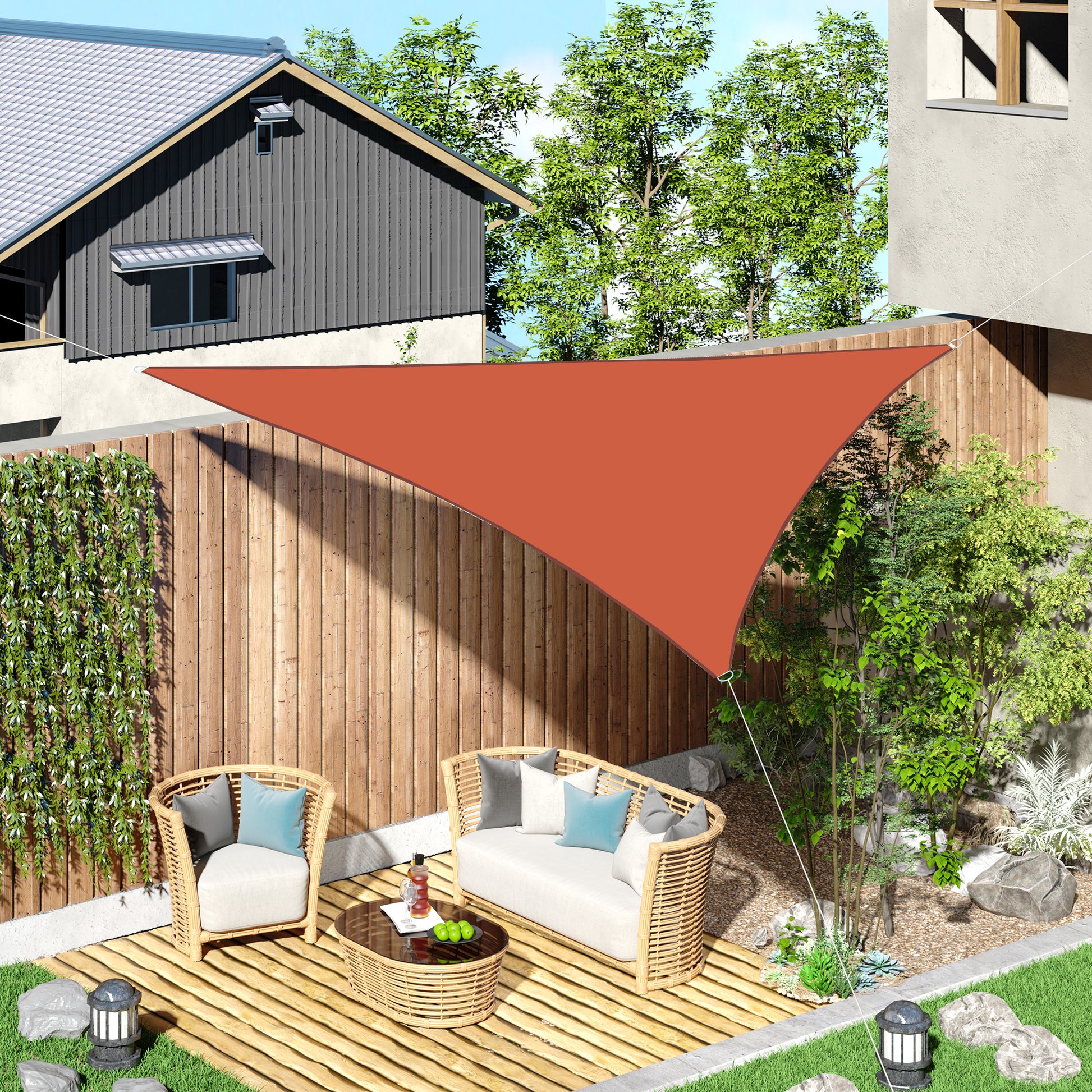 Vela de Sombra Triangular 3x3x3 m Toldo Vela de Poliéster com Proteção UV Aneis em Forma de D e Cordas para Jardim Pátio Piscina Terracota