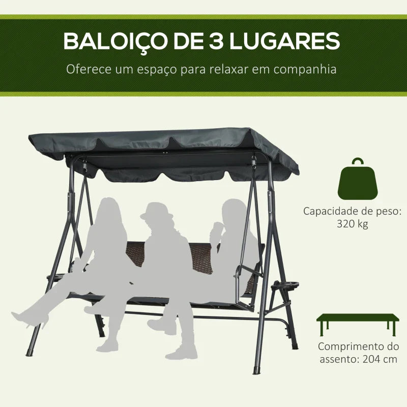Baloiço de Jardim de 3 Lugares Baloiço para Exterior com Toldo Ajustável Assento de Vime 2 Suporte para Capos 2 Bandejas e Estrutura de Aço para Varanda Pátio 204x112x150 cm Cinza