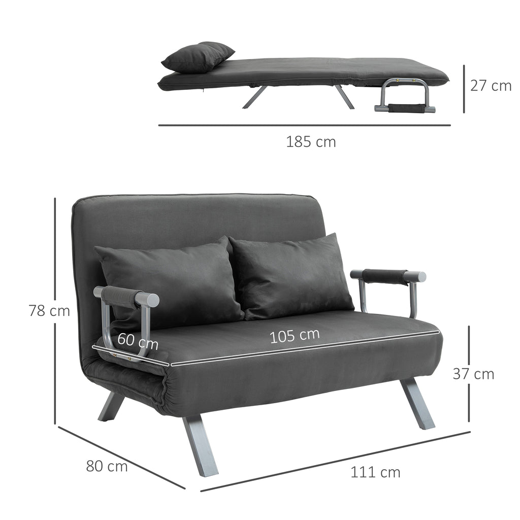 Sofá Cama de 2 Lugares Sofá Cama Pequeno Estofado em Camurça Sintética com Encosto Ajustável em 5 Níveis e 2 Almofadas Acolchoadas para Escritório Dormitório Sala de Estar 111x80x78 cm Cinzento