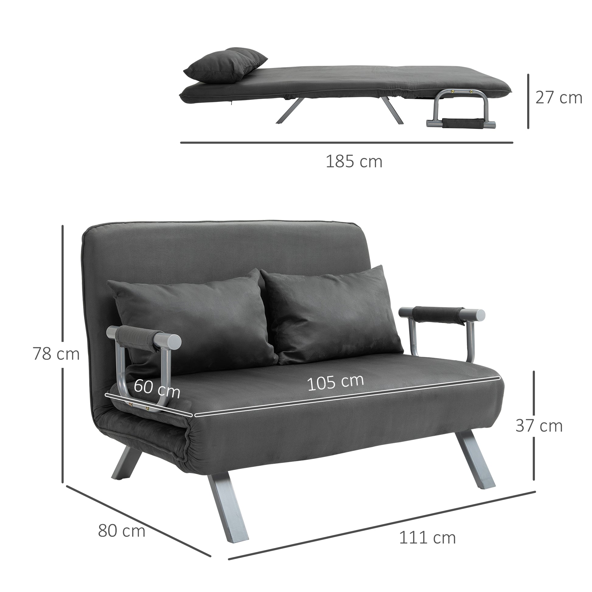 Sofá Cama de 2 Lugares Sofá Cama Pequeno Estofado em Camurça Sintética com Encosto Ajustável em 5 Níveis e 2 Almofadas Acolchoadas para Escritório Dormitório Sala de Estar 111x80x78 cm Cinzento