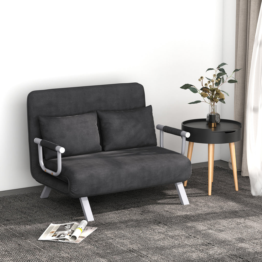 Sofá Cama de 2 Lugares Sofá Cama Pequeno Estofado em Camurça Sintética com Encosto Ajustável em 5 Níveis e 2 Almofadas Acolchoadas para Escritório Dormitório Sala de Estar 111x80x78 cm Cinzento