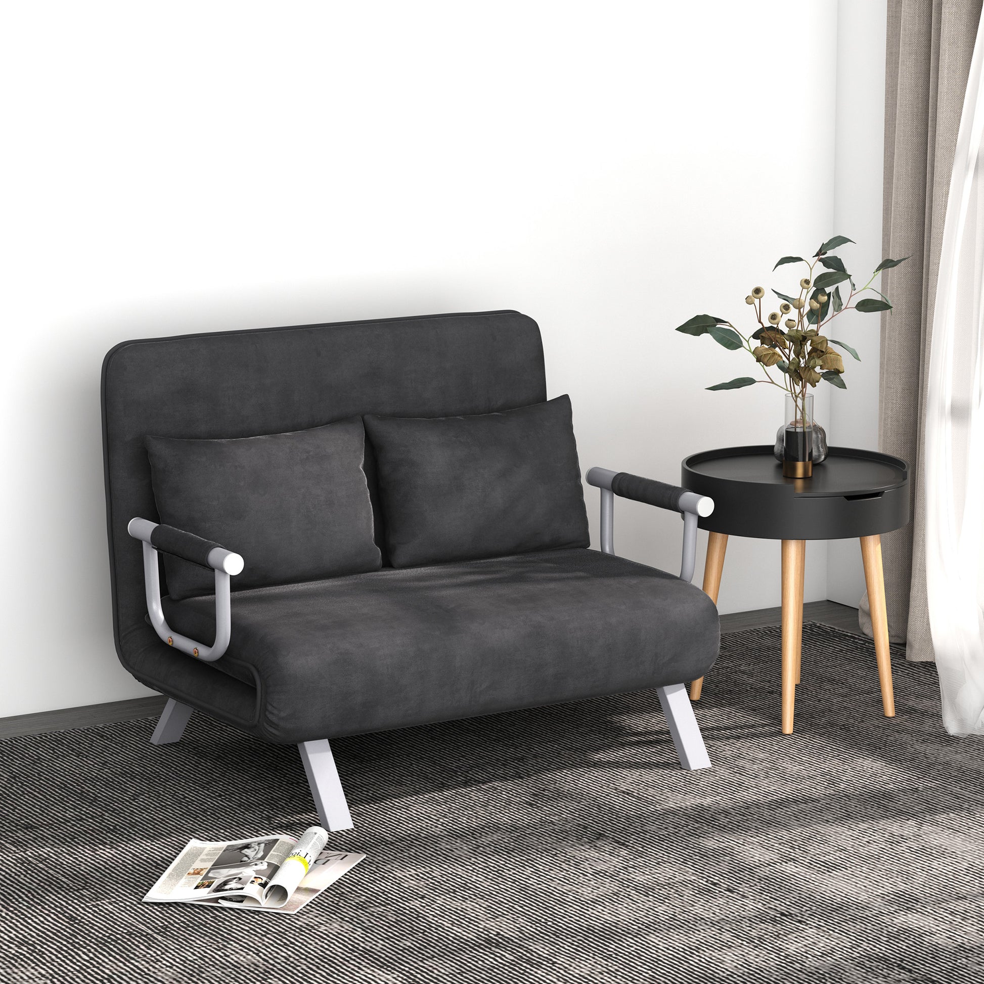 Sofá Cama de 2 Lugares Sofá Cama Pequeno Estofado em Camurça Sintética com Encosto Ajustável em 5 Níveis e 2 Almofadas Acolchoadas para Escritório Dormitório Sala de Estar 111x80x78 cm Cinzento