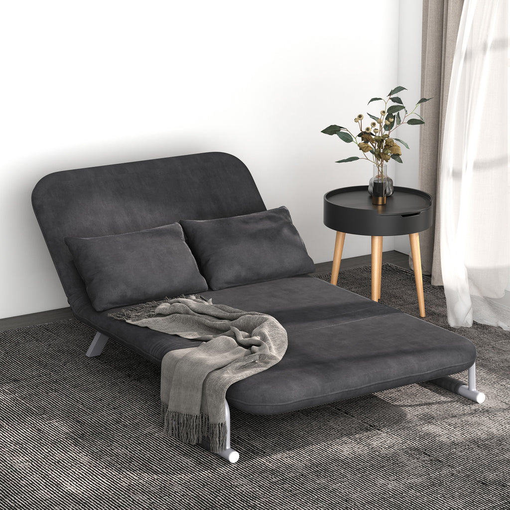 Sofá Cama de 2 Lugares Sofá Cama Pequeno Estofado em Camurça Sintética com Encosto Ajustável em 5 Níveis e 2 Almofadas Acolchoadas para Escritório Dormitório Sala de Estar 111x80x78 cm Cinzento