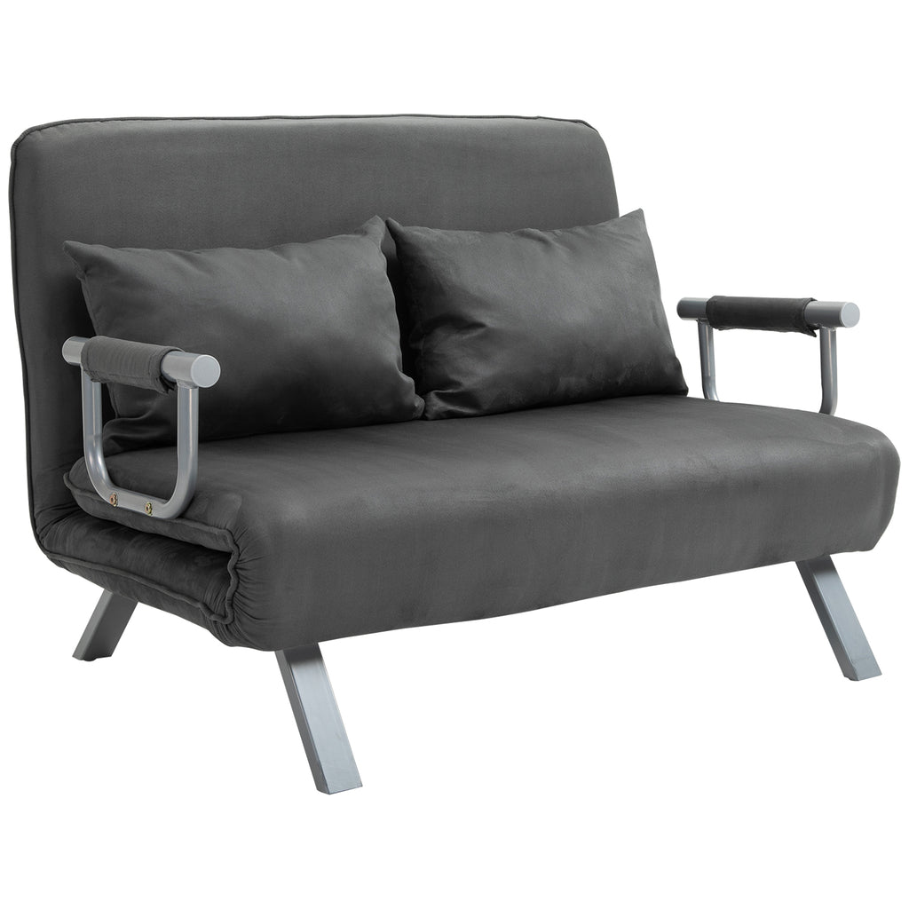 Sofá Cama de 2 Lugares Sofá Cama Pequeno Estofado em Camurça Sintética com Encosto Ajustável em 5 Níveis e 2 Almofadas Acolchoadas para Escritório Dormitório Sala de Estar 111x80x78 cm Cinzento