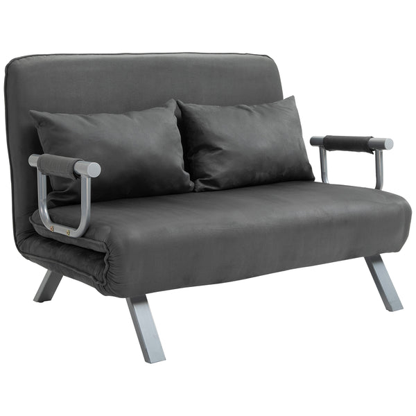 Sofá Cama de 2 Lugares Sofá Cama Pequeno Estofado em Camurça Sintética com Encosto Ajustável em 5 Níveis e 2 Almofadas Acolchoadas para Escritório Dormitório Sala de Estar 111x80x78 cm Cinzento