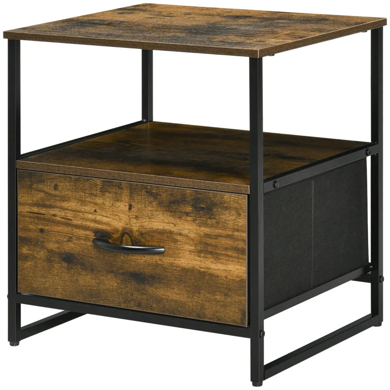 Mesa de Cabeceira com 1 Gaveta de Tecido Dobrável e Prateleira Aberta Mesa Auxiliar para Escritório Dormitório Estilo Industrial Anti-Tombo 45x40x50,5cm Marrom Rústico
