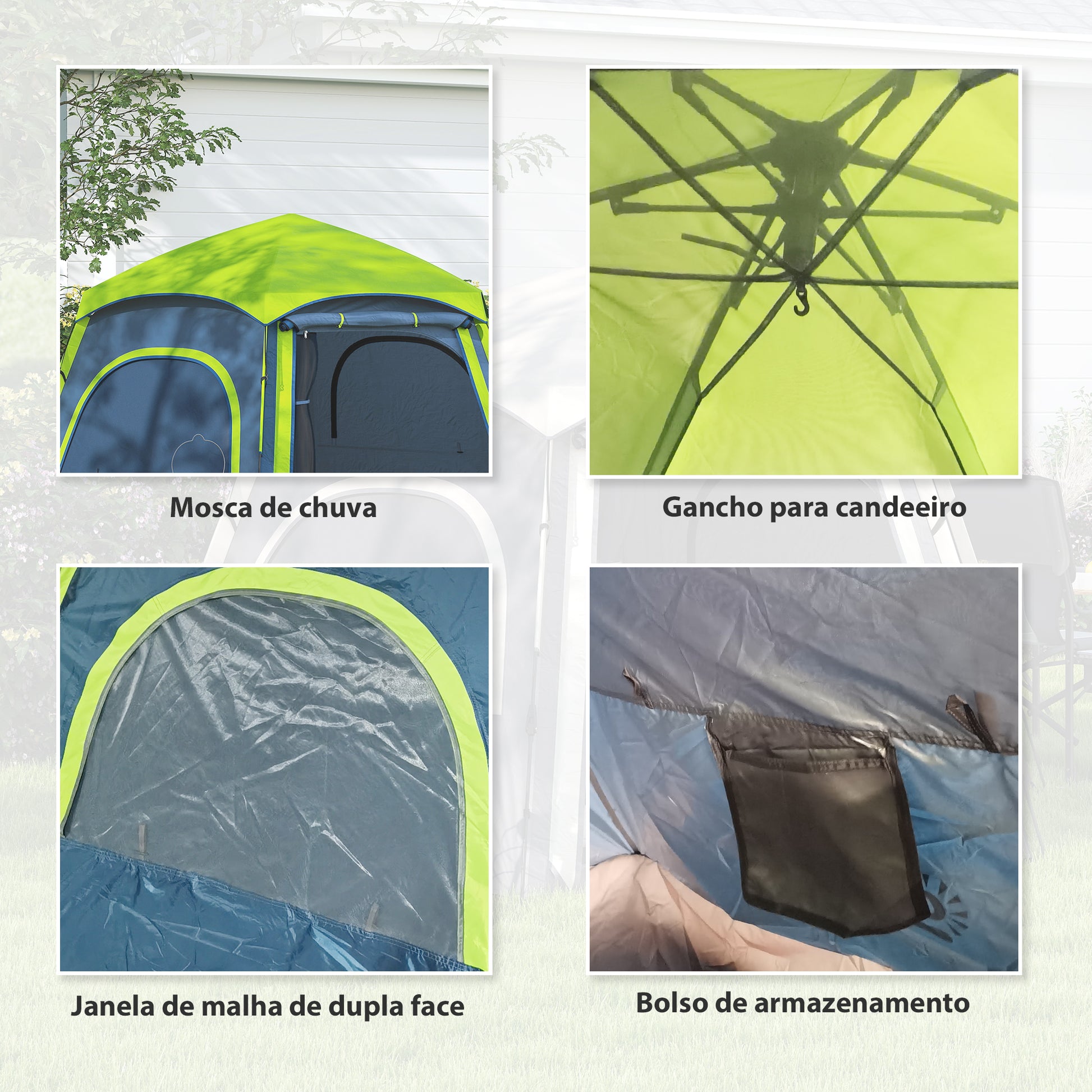 Tenda de Campismo para 2-3 Pessoas Tenda de Campismo Dobrável com Fácil Instalação Janelas de Rede Gancho e Bolsa de Transporte Proteção UV Impermeável 280x240x155 cm Azul e Verde