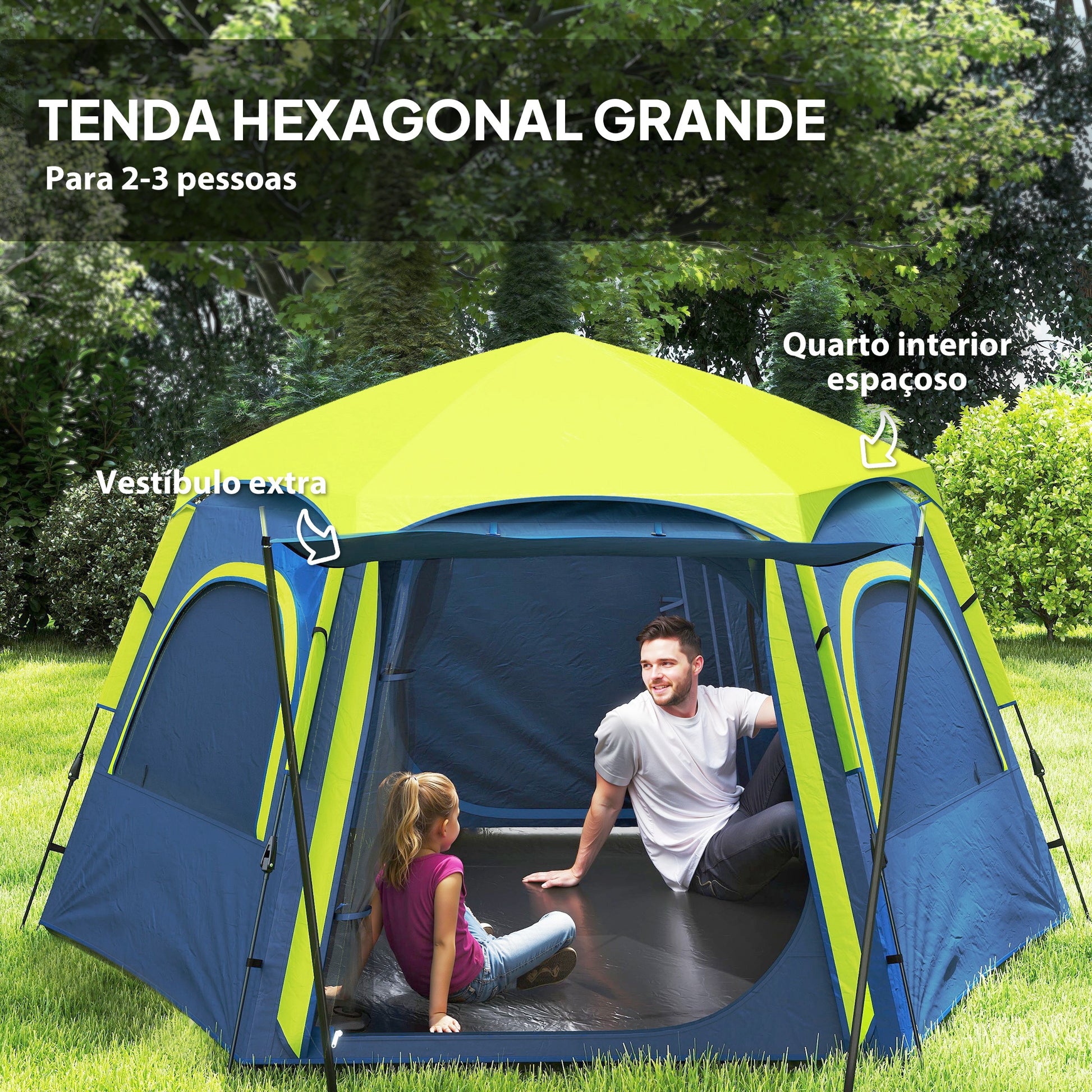 Tenda de Campismo para 2-3 Pessoas Tenda de Campismo Dobrável com Fácil Instalação Janelas de Rede Gancho e Bolsa de Transporte Proteção UV Impermeável 280x240x155 cm Azul e Verde