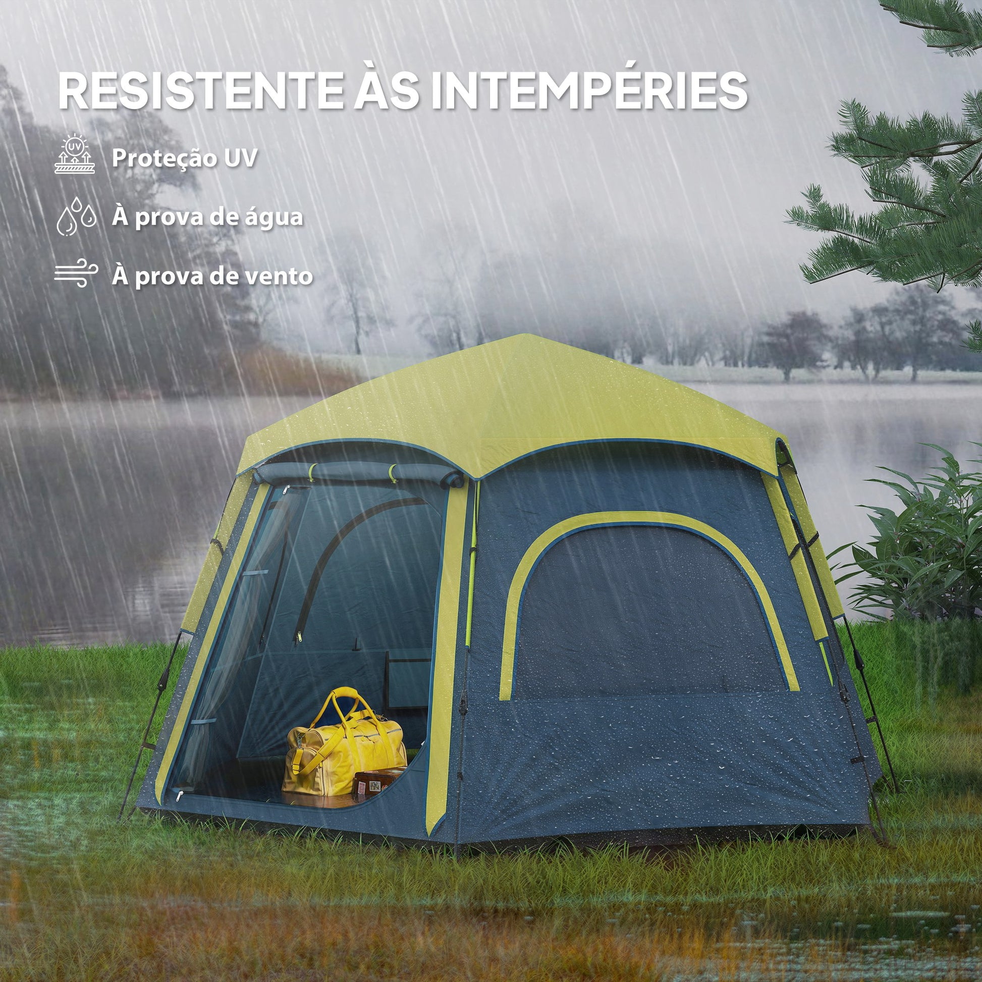 Tenda de Campismo para 2-3 Pessoas Tenda de Campismo Dobrável com Fácil Instalação Janelas de Rede Gancho e Bolsa de Transporte Proteção UV Impermeável 280x240x155 cm Azul e Verde