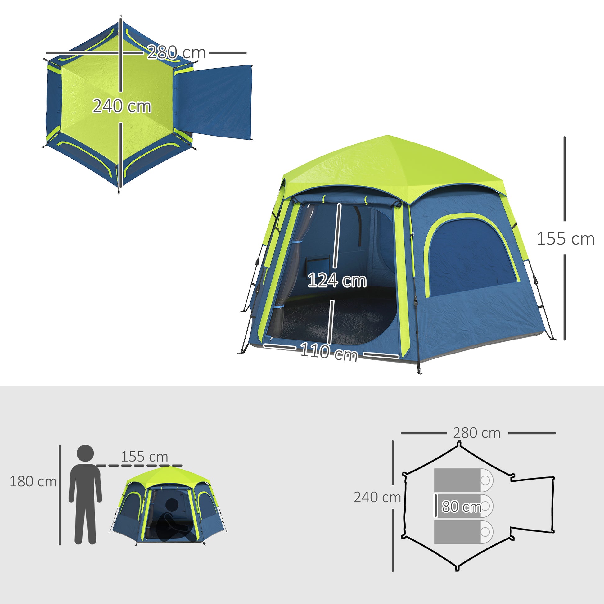 Tenda de Campismo para 2-3 Pessoas Tenda de Campismo Dobrável com Fácil Instalação Janelas de Rede Gancho e Bolsa de Transporte Proteção UV Impermeável 280x240x155 cm Azul e Verde
