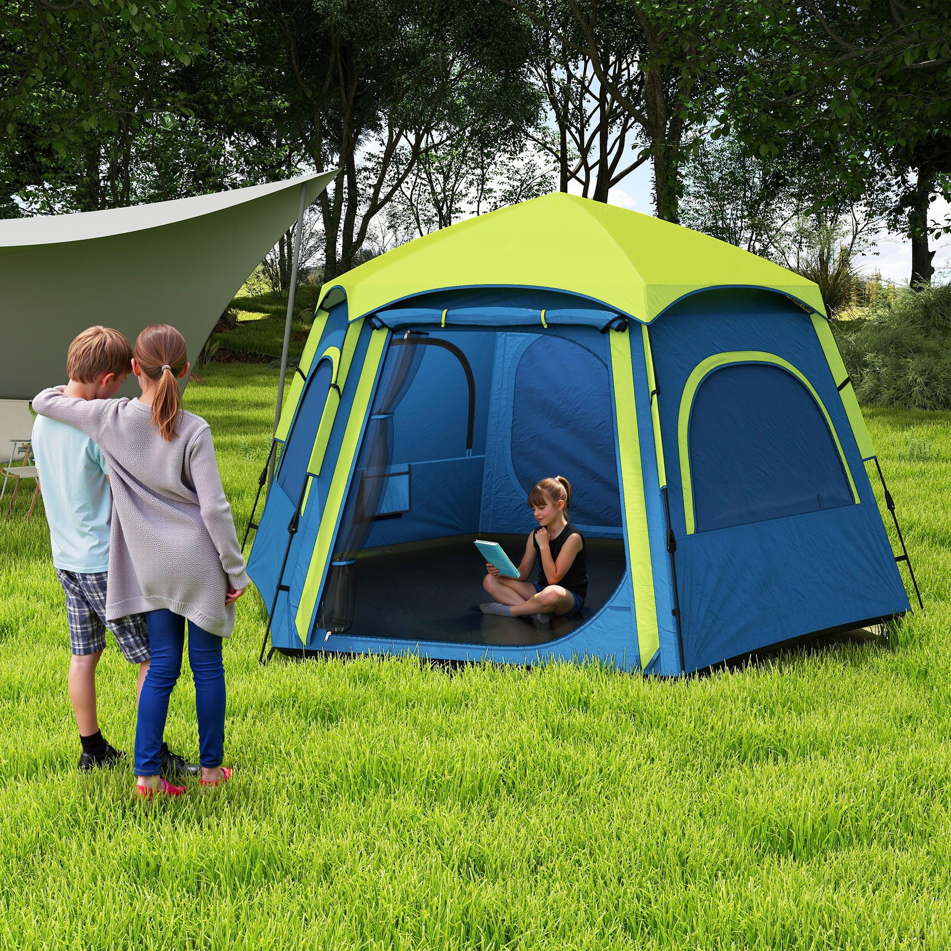 Tenda de Campismo para 2-3 Pessoas Tenda de Campismo Dobrável com Fácil Instalação Janelas de Rede Gancho e Bolsa de Transporte Proteção UV Impermeável 280x240x155 cm Azul e Verde
