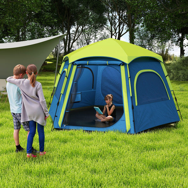 Tenda de Campismo para 2-3 Pessoas Tenda de Campismo Dobrável com Fácil Instalação Janelas de Rede Gancho e Bolsa de Transporte Proteção UV Impermeável 280x240x155 cm Azul e Verde