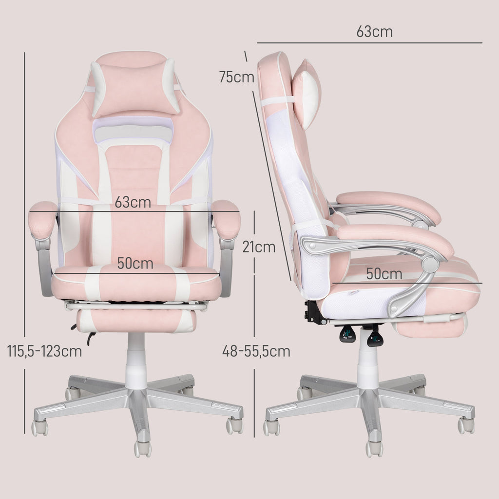 Cadeira Gaming Cadeira de Escritório Reclinável com Altura Ajustável Apoio para os Pés Retrátil Suporte Lombar e Almofada para a Cabeça Amovível 63x63x115,5-123 cm Rosa