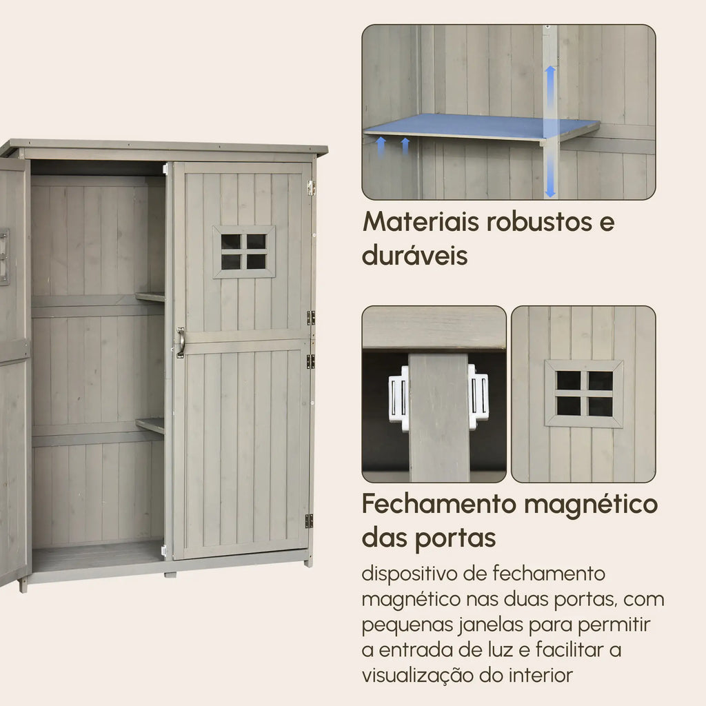 Abrigo de Jardim para Ferramentas Armário de Madeira para Exterior com Prateleira Dupla Porta Janelas e Teto Asfáltico 127,5x50x164cm Cinza