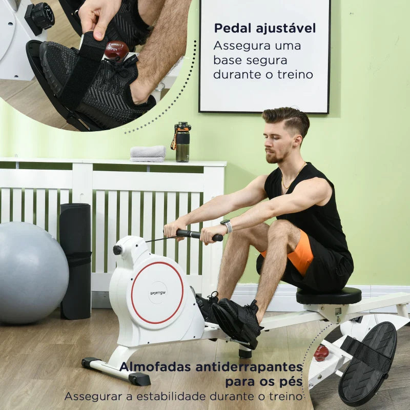 SPORTNOW Máquina de Remo Magnético Máquina de Remo Dobrável com Resistência de 8 Níveis Ecrã LCD e 2 Rodas de Transporte para Ginásio Carga Máxima 130 kg 180x48x60 cm Branco