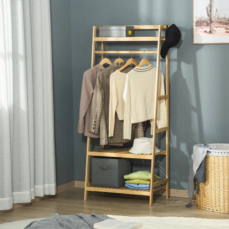 Suporte para Cabides de Bambu Cabideiro com Prateleira de 3 Níveis com Barra e Cabide Lateral para Roupas Bolsas 70x42x164cm Madeira