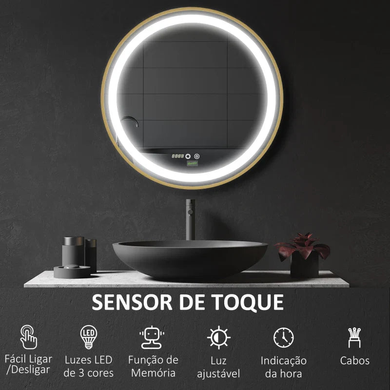 Espelho Casa de Banho com Luz LED Ø60x4cm Espelho Redondo com Interruptor Tátil 3 Luzes Ajustáveis Visualização de Temperatura e Hora Função de Memória Estrutura de Alumínio Dourado