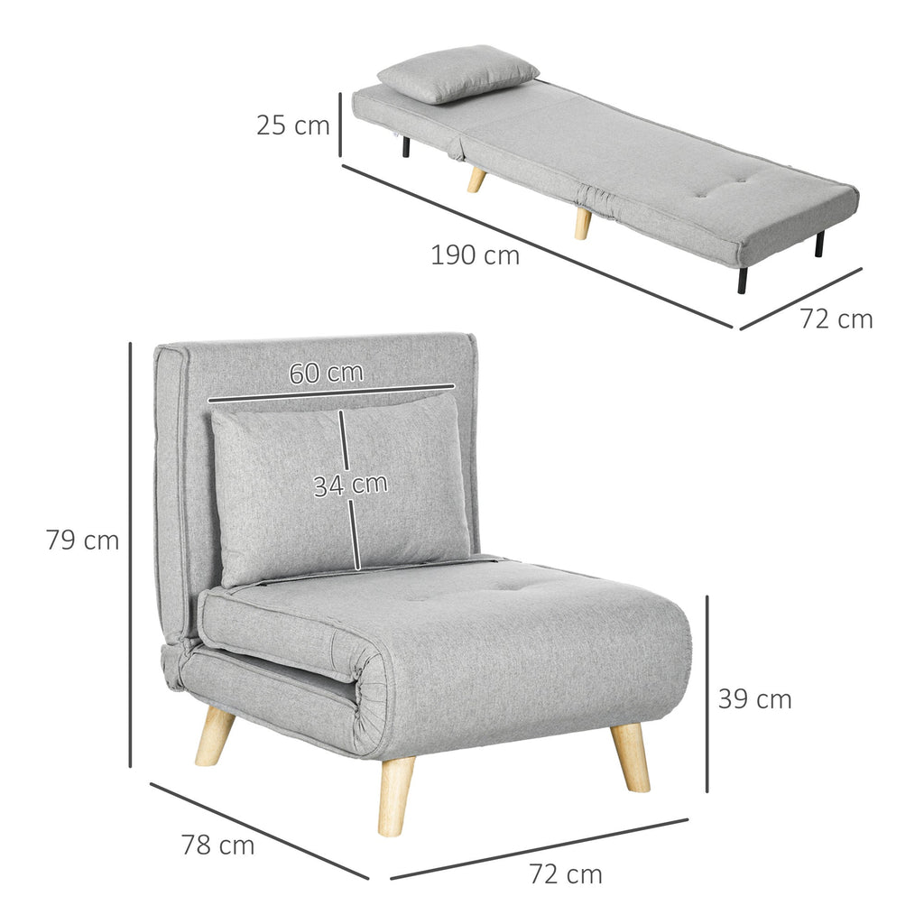 Poltrona 2 em 1 Sofá Cama Individual Dobrável com Encosto Ajustável e Almofada para Sala de Estar Dormitório Escritório Carga 150 kg 72x78x79 cm Cinza