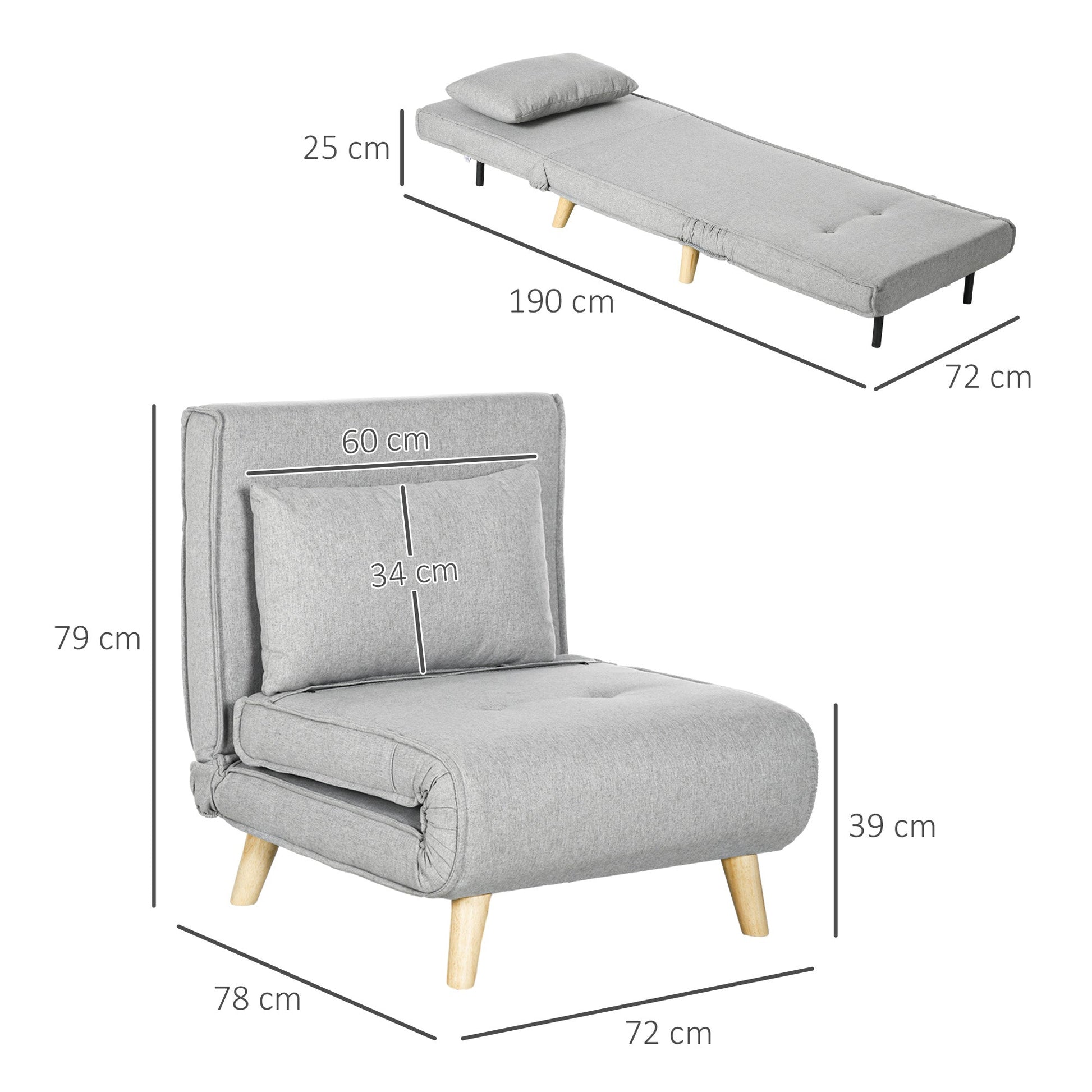 Poltrona 2 em 1 Sofá Cama Individual Dobrável com Encosto Ajustável e Almofada para Sala de Estar Dormitório Escritório Carga 150 kg 72x78x79 cm Cinza