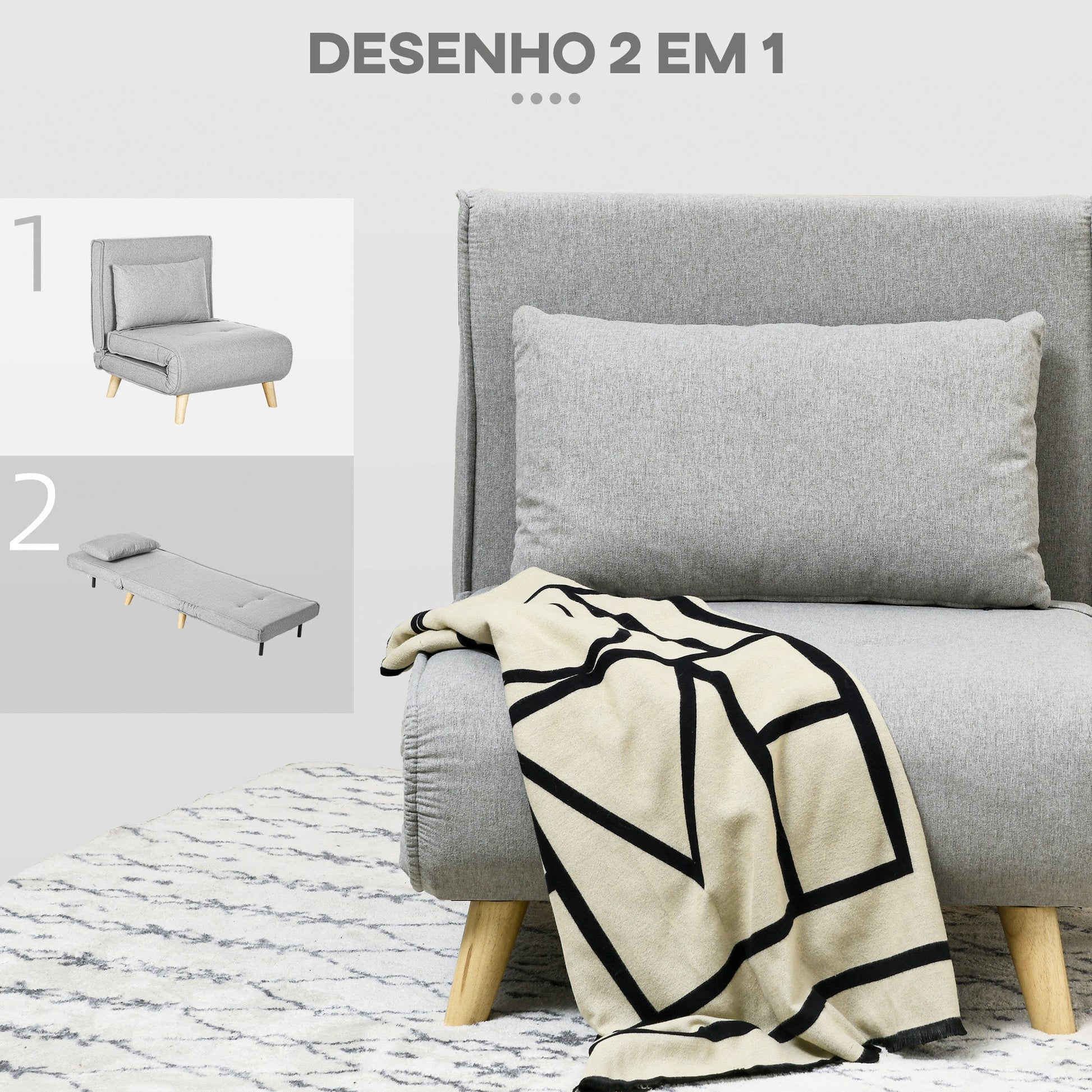 Poltrona 2 em 1 Sofá Cama Individual Dobrável com Encosto Ajustável e Almofada para Sala de Estar Dormitório Escritório Carga 150 kg 72x78x79 cm Cinza