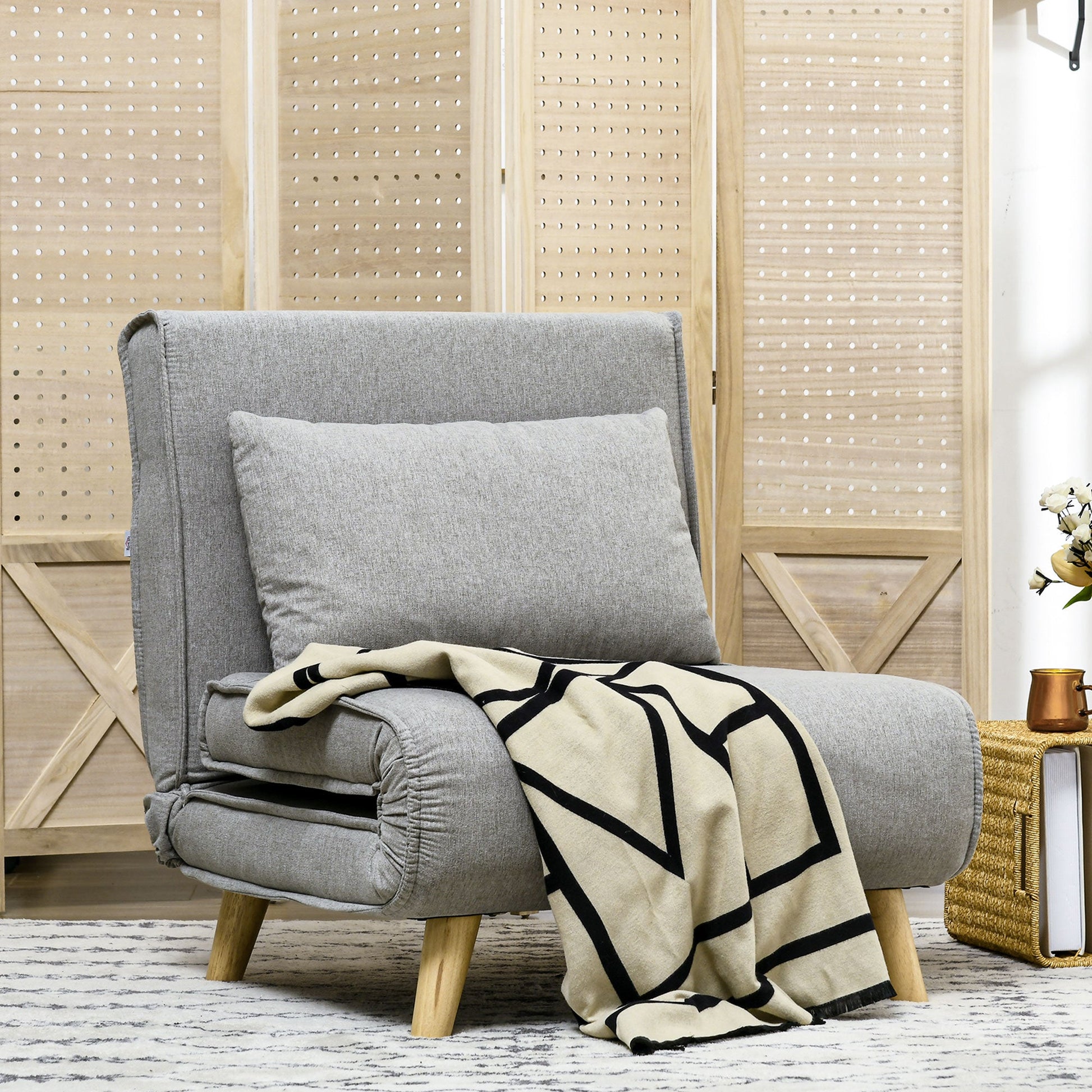 Poltrona 2 em 1 Sofá Cama Individual Dobrável com Encosto Ajustável e Almofada para Sala de Estar Dormitório Escritório Carga 150 kg 72x78x79 cm Cinza