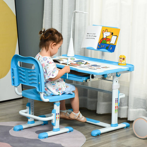Conjunto de Secretária e Cadeira para Crianças acima de 3 Anos Secretária Infantil com Altura Ajustável Mesa Inclinável Gaveta Lâmpada LED e Suporte para Lápis 80x49,5x80-105cm e 36x34x60-73 cm Azul