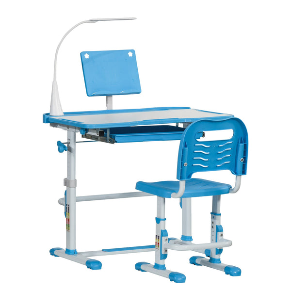 Conjunto de Secretária e Cadeira para Crianças acima de 3 Anos Secretária Infantil com Altura Ajustável Mesa Inclinável Gaveta Lâmpada LED e Suporte para Lápis 80x49,5x80-105cm e 36x34x60-73 cm Azul